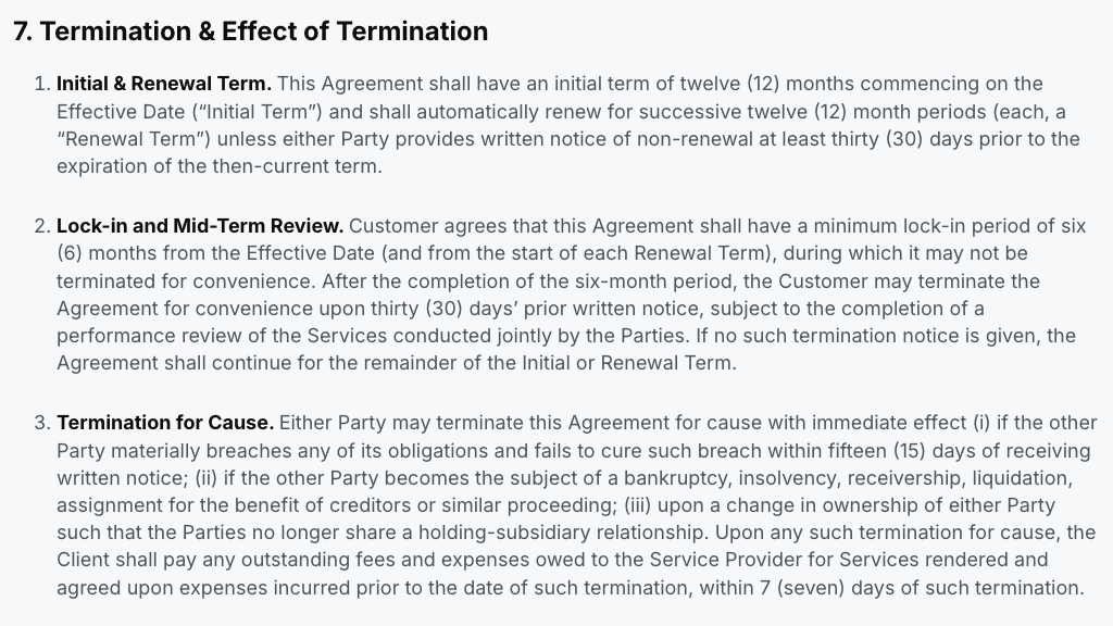 Gushwork terms and conditions section 7, showing a 12-month initial term that renews automatically and a six-month lock-in period