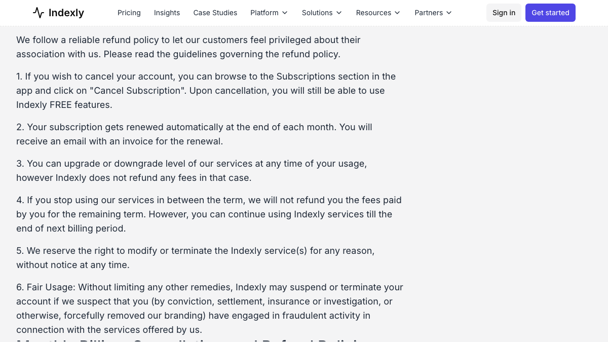 Indexly refund and cancellation policy explaining how to cancel from the Subscriptions section and that fees for the remaining term are not refunded