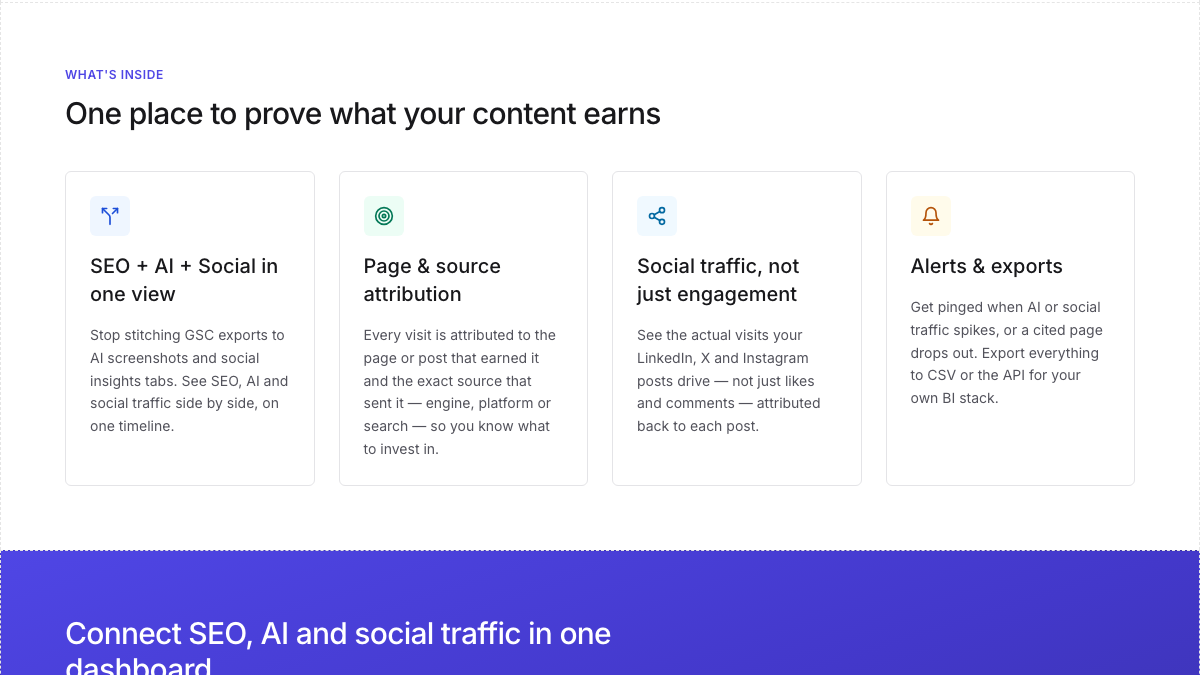 Indexly analytics feature page with an Alerts and exports card that says you can export everything to CSV or the API