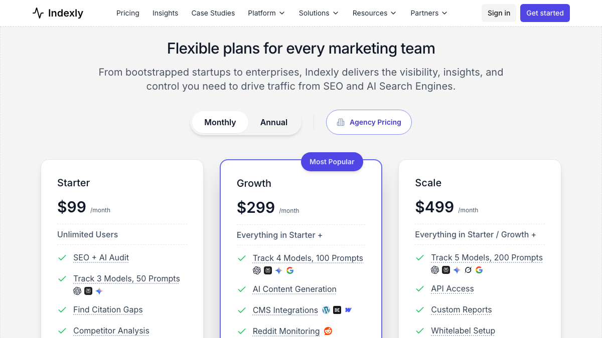 Indexly pricing page with Starter at $99, Growth at $299 and Scale at $499 a month, showing models and prompts tracked on each plan