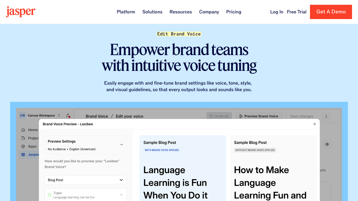 Jasper's Edit Brand Voice screen with a preview comparing a sample blog post written with and without the brand voice applied