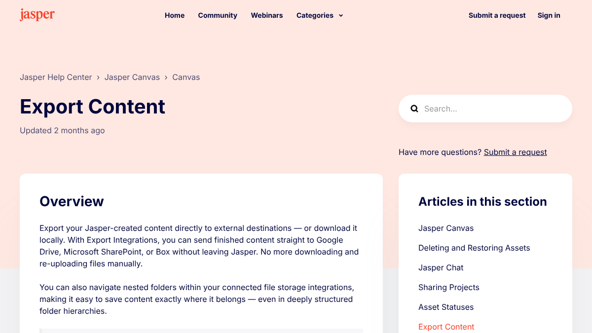 Jasper help center article titled Export Content, explaining local downloads and export integrations for Google Drive, SharePoint and Box