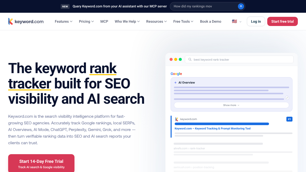 Keyword.com homepage describing the keyword rank tracker built for SEO visibility and AI search, with an MCP server banner and a 14-day free trial button