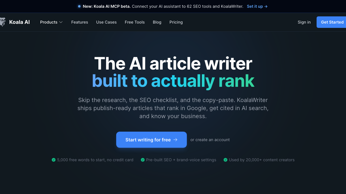 Koala AI article writer page promising publish-ready articles that rank in Google and get cited in AI search