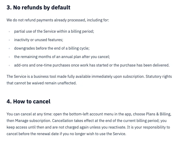 LLM Pulse refund policy saying payments are not refunded by default, including partial use, unused features, downgrades, remaining months of an annual plan and started add-ons, and that you cancel from Plans and Billing, effective at the end of the billing period