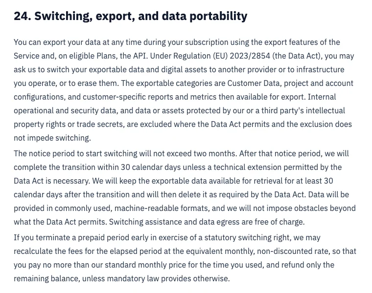 LLM Pulse terms section 24 on switching, export and data portability, covering exports during the subscription, switching under the EU Data Act, a notice period of up to two months, a 30-day transition and free switching assistance and data egress