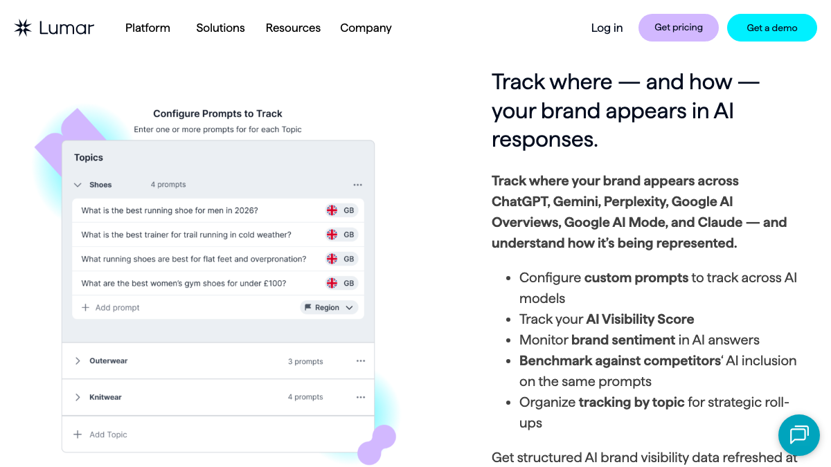 Lumar AI Visibility page showing tracked prompts organized by topic and a list of engines: ChatGPT, Gemini, Perplexity, Google AI Overviews, Google AI Mode and Claude