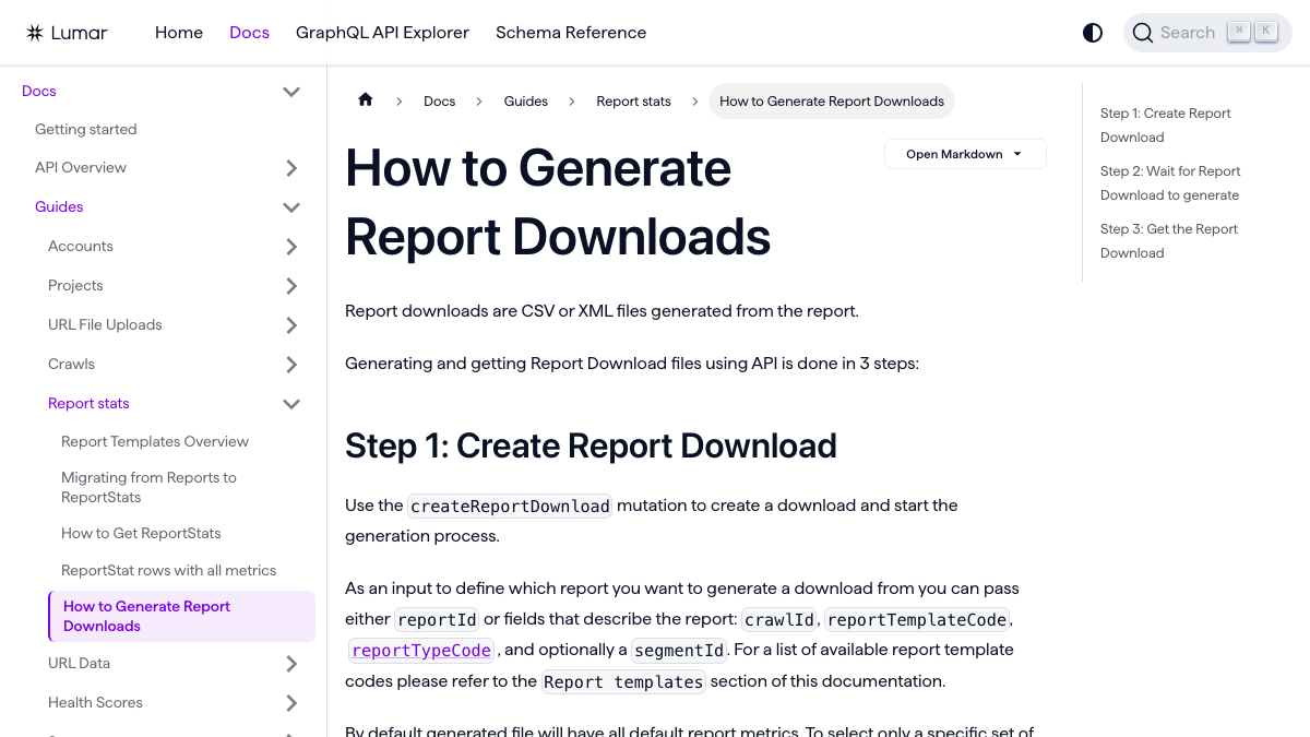 Lumar API documentation explaining that report downloads are CSV or XML files, generated in three steps starting with the createReportDownload mutation