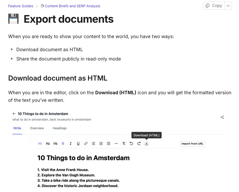 NeuralText docs page Export documents, listing two ways to export, download as HTML or share read-only, above the editor toolbar with the Download (HTML) tooltip