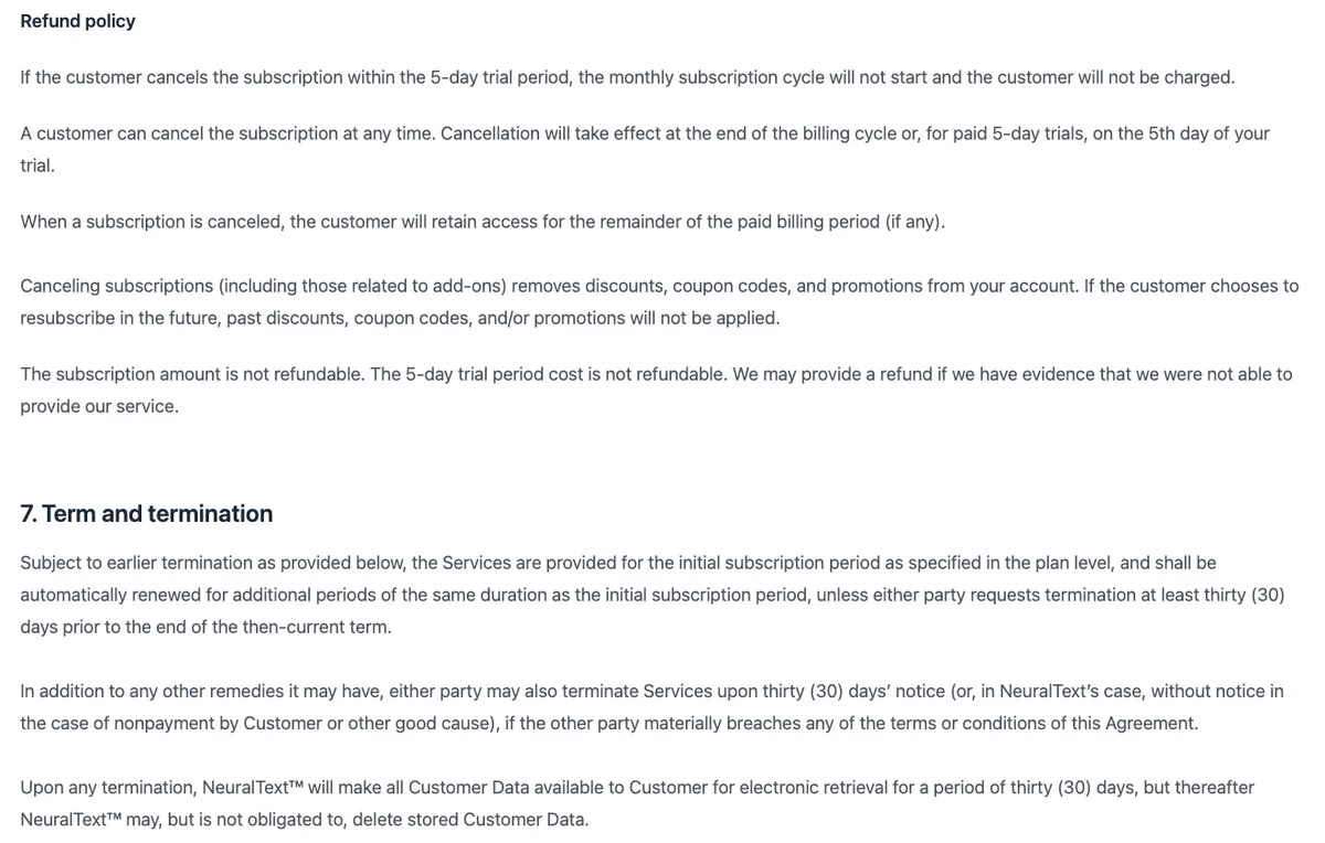 NeuralText terms of service showing the refund policy and section 7, term and termination, including automatic renewal and a 30-day window to retrieve customer data