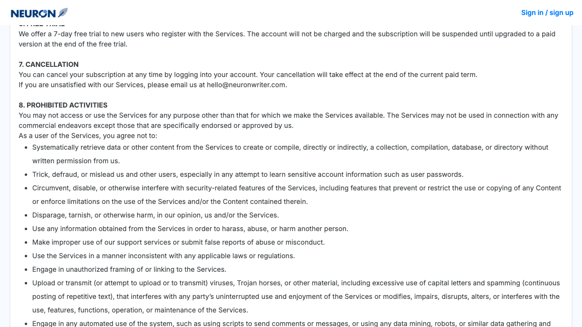 NeuronWriter terms of service showing the free trial and cancellation sections, including cancellation at the end of the current paid term