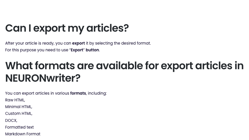 NeuronWriter help page explaining how to export an article with the Export button and listing HTML, DOCX, formatted text and Markdown formats