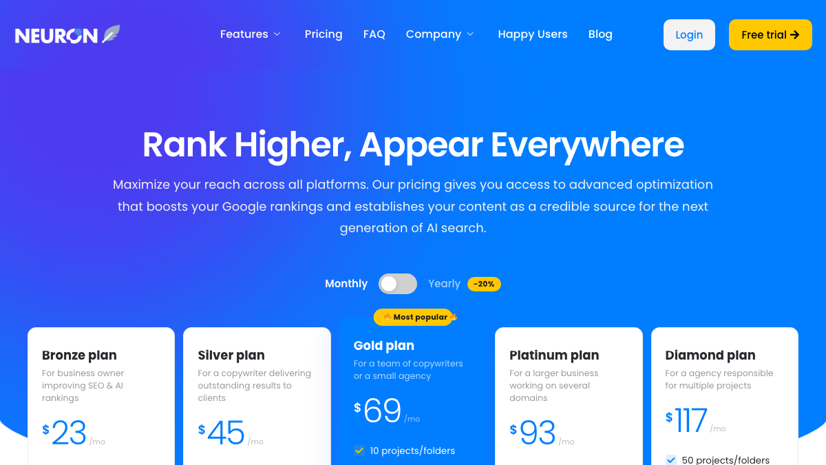 NeuronWriter pricing page on the monthly toggle, with Bronze at $23, Silver at $45, Gold at $69 marked most popular, Platinum at $93 and Diamond at $117
