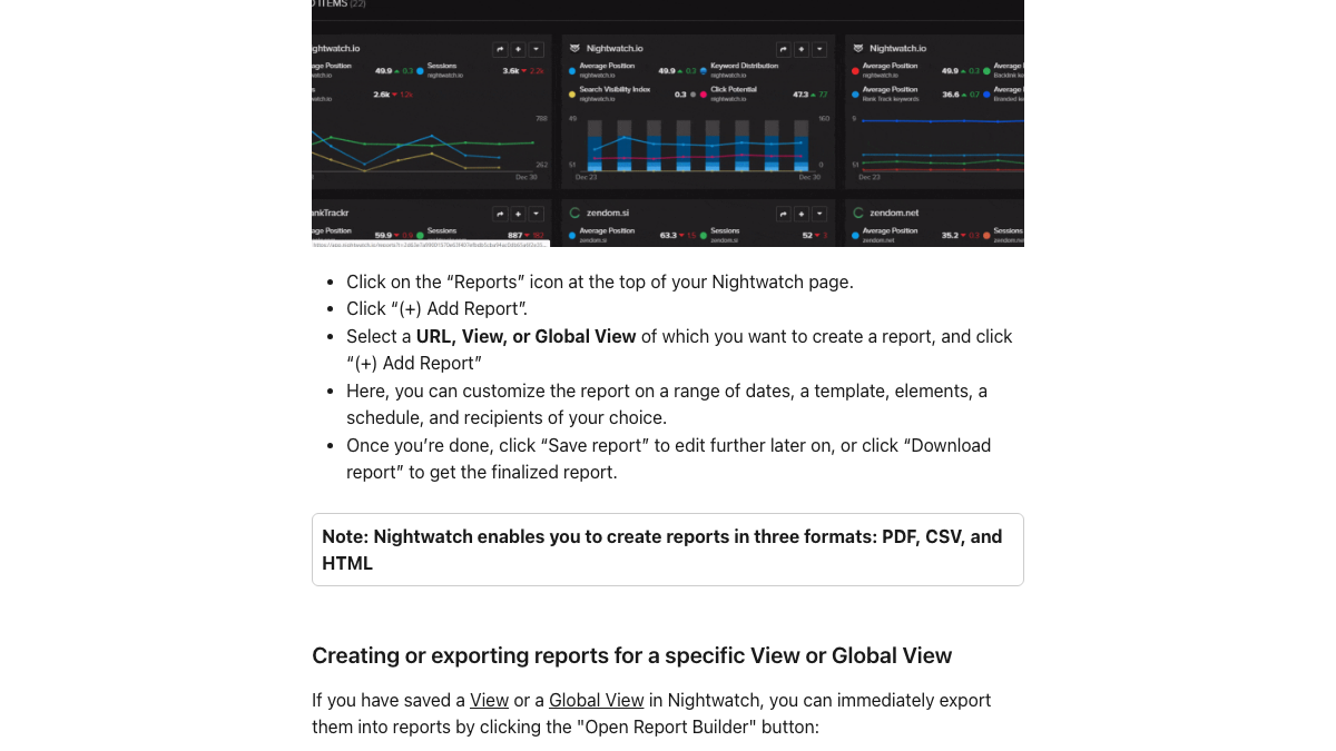 Nightwatch help doc with the steps to create a report and a note that reports can be created in PDF, CSV and HTML