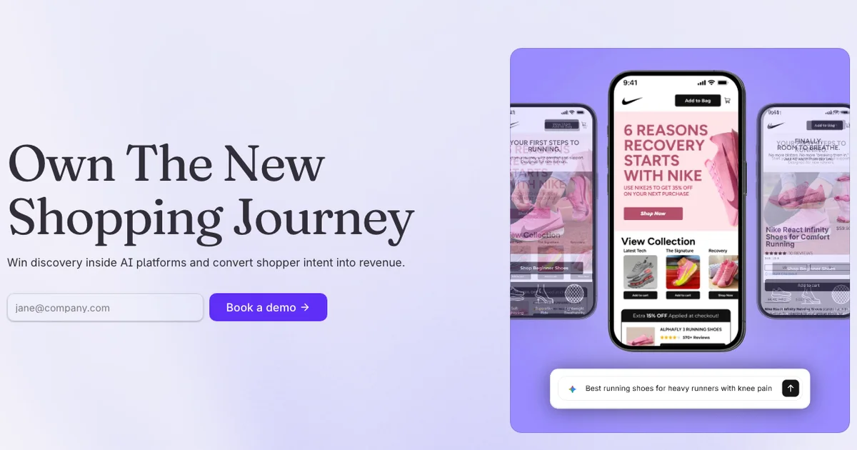 Nudge homepage with the headline Own The New Shopping Journey, a call to book a demo, phone mockups of personalized shopping pages and an AI prompt bar asking for the best running shoes