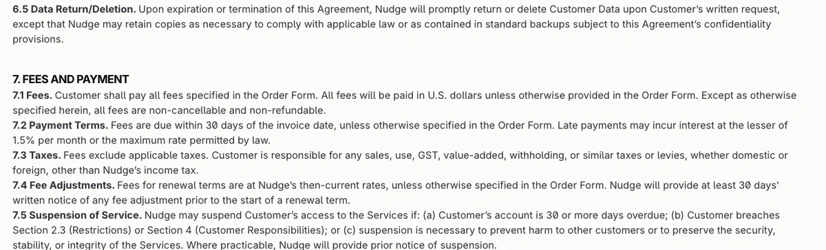 Nudge master subscription agreement sections on data return or deletion on written request after termination, fees that are non-cancellable and non-refundable, payment terms, fee adjustments at renewal and suspension