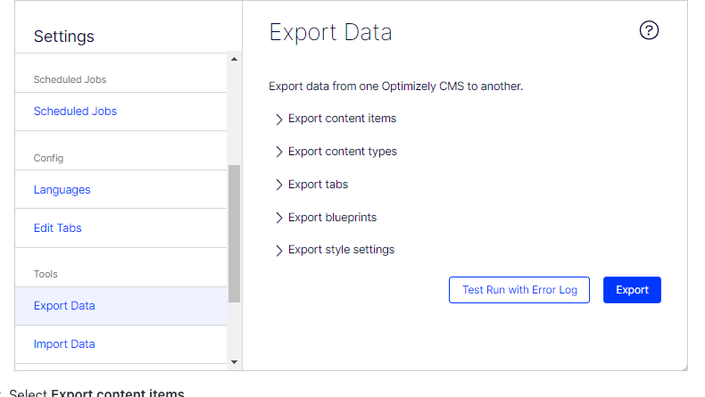 Optimizely CMS Settings screen showing the Export Data tool with options to export content items, content types, tabs, blueprints and style settings