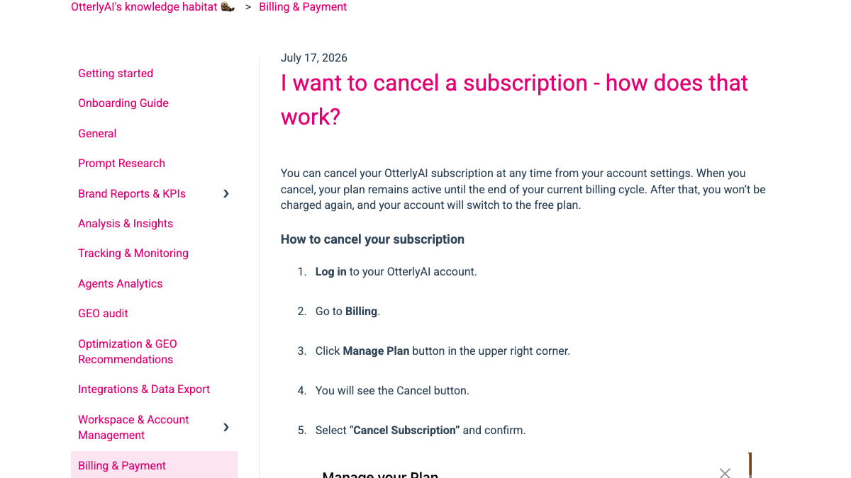 Otterly help center article on cancelling a subscription, with the steps Log in, Billing, Manage Plan, Cancel and Cancel Subscription