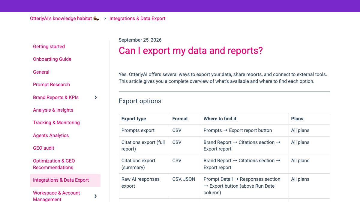 Otterly help center article Can I export my data and reports, listing prompts, citations and raw AI response exports with their menu paths, all marked All plans
