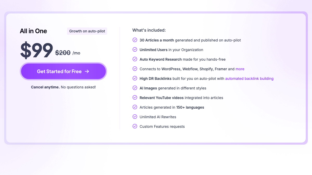 Outrank pricing card showing the All in One plan at $99 a month with 30 articles a month, unlimited users, backlinks built on auto-pilot and a note to cancel anytime