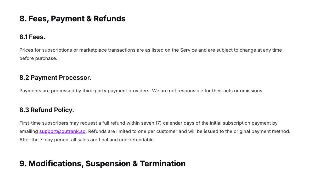 Outrank terms of use section 8, including a refund policy that allows first-time subscribers a full refund within seven days by email