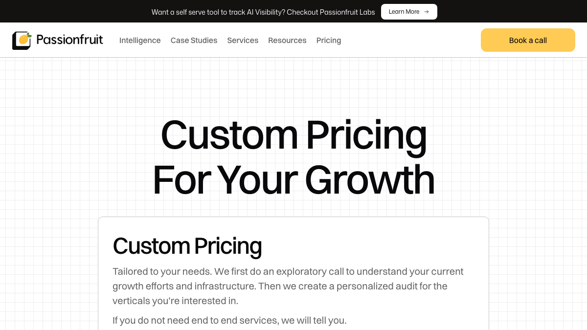 Passionfruit agency pricing page showing custom pricing after an exploratory call, with a banner pointing to the self-serve Passionfruit Labs tool