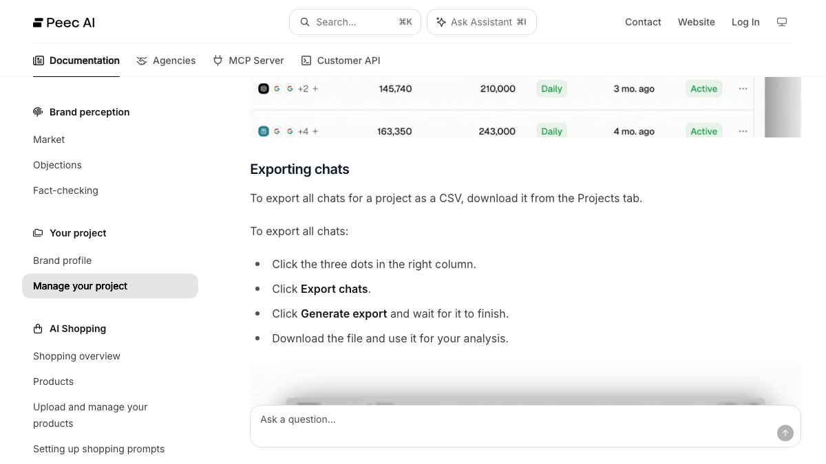 Peec AI docs page Manage your project, showing how to export all chats for a project as a CSV from the Projects tab