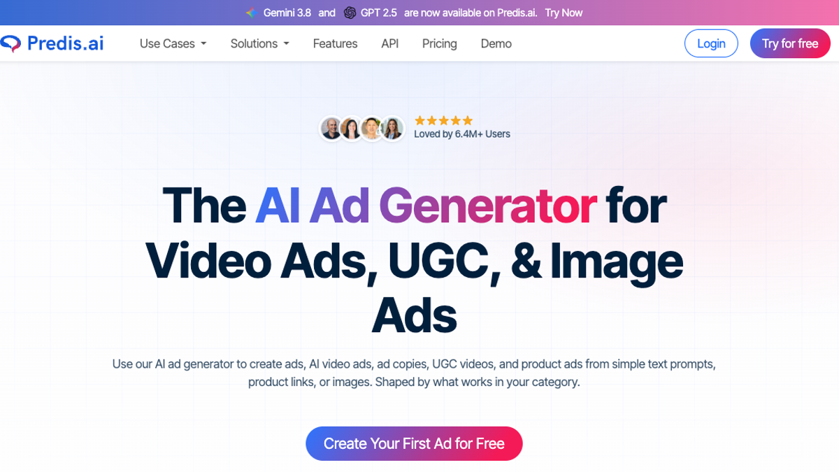 Predis.ai homepage positioning the platform as the AI ad generator for video ads, UGC, and image ads