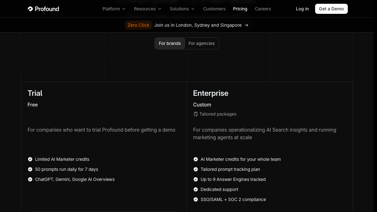 Profound pricing page for brands showing a free Trial with 50 prompts run daily for 7 days on ChatGPT, Gemini and Google AI Overviews, and a custom Enterprise plan tracking up to 9 answer engines