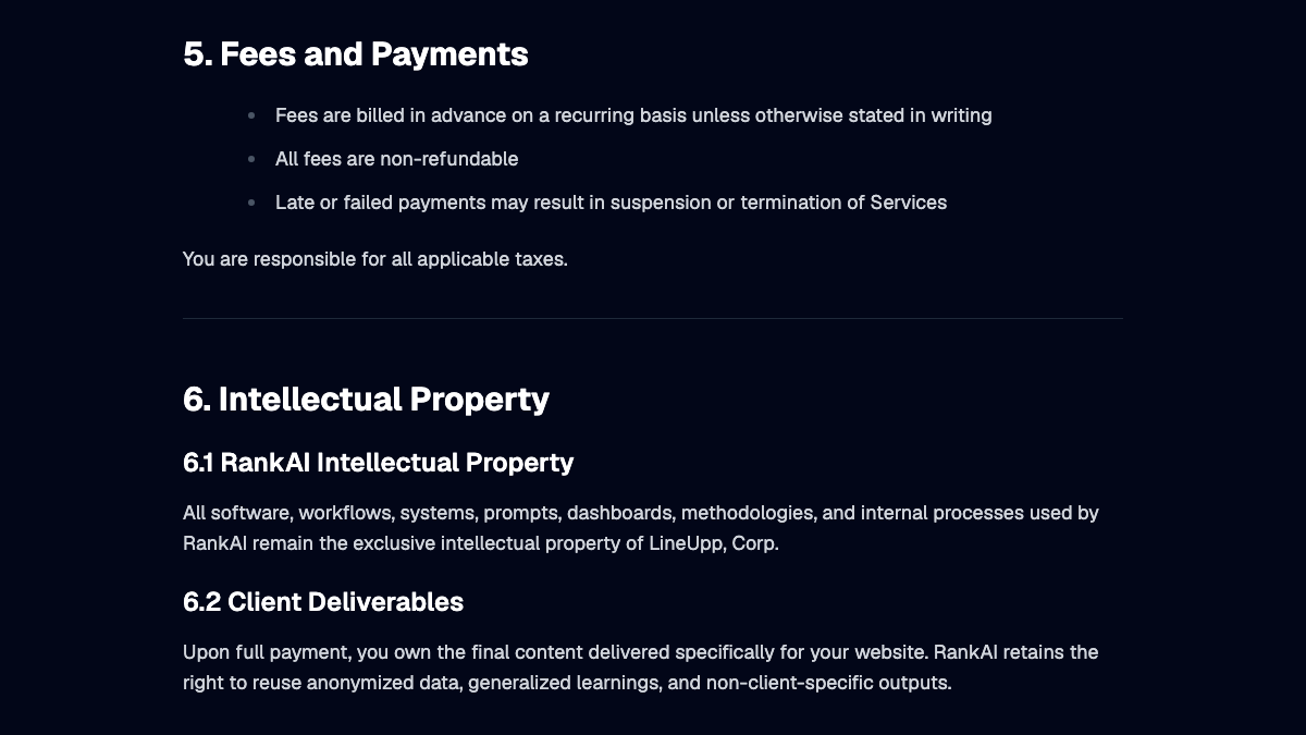 RankAI terms of service, sections 5 and 6, saying all fees are non-refundable and that you own delivered content upon full payment