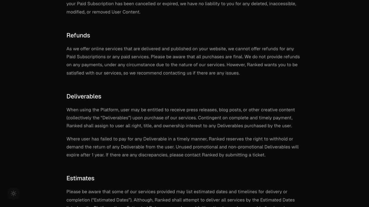 Ranked AI Terms of Use showing the Refunds section, which says all purchases are final, and the Deliverables section on ownership of content
