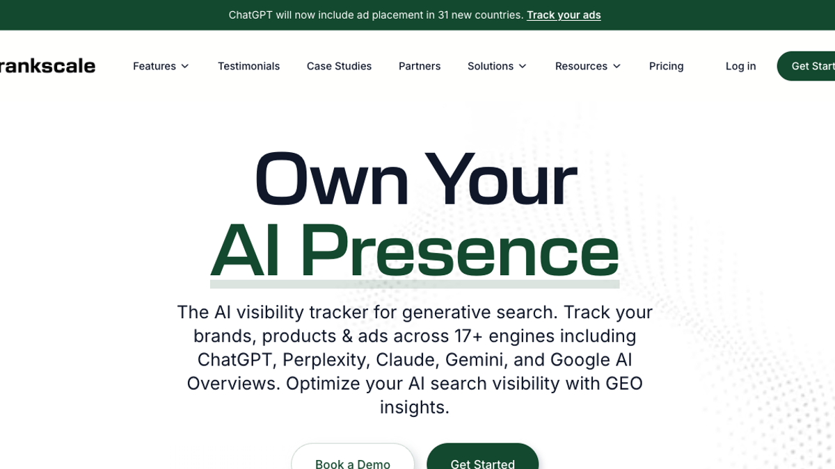 Rankscale homepage with the Own Your AI Presence headline and 17-engine visibility tracker positioning
