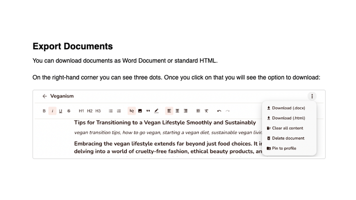 Rytr help article showing the three-dot document menu with Download (.docx), Download (.html), Clear all content, Delete document and Pin to profile
