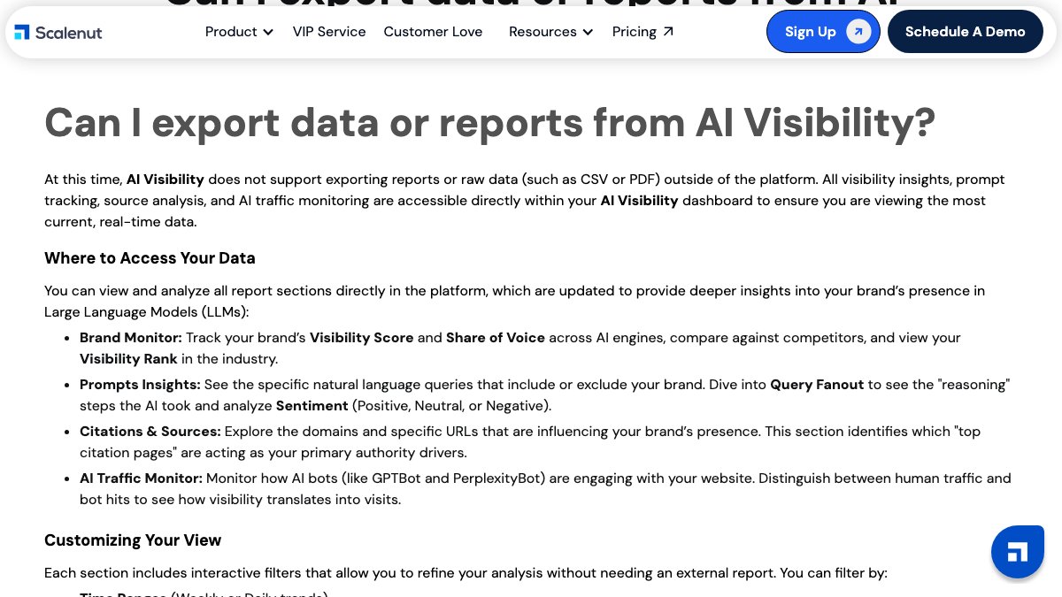 Scalenut help doc saying AI Visibility does not support exporting reports or raw data such as CSV or PDF outside the platform, and listing Brand Monitor, Prompts Insights, Citations & Sources and AI Traffic Monitor