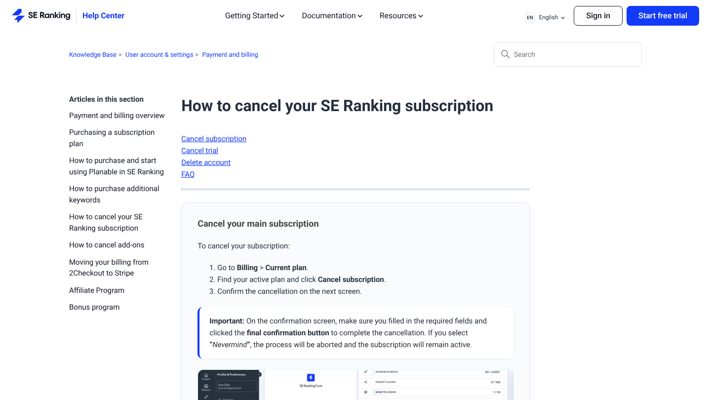 SE Ranking help center article on how to cancel a subscription, showing the Billing, Current plan and Cancel subscription steps with a warning about the final confirmation button