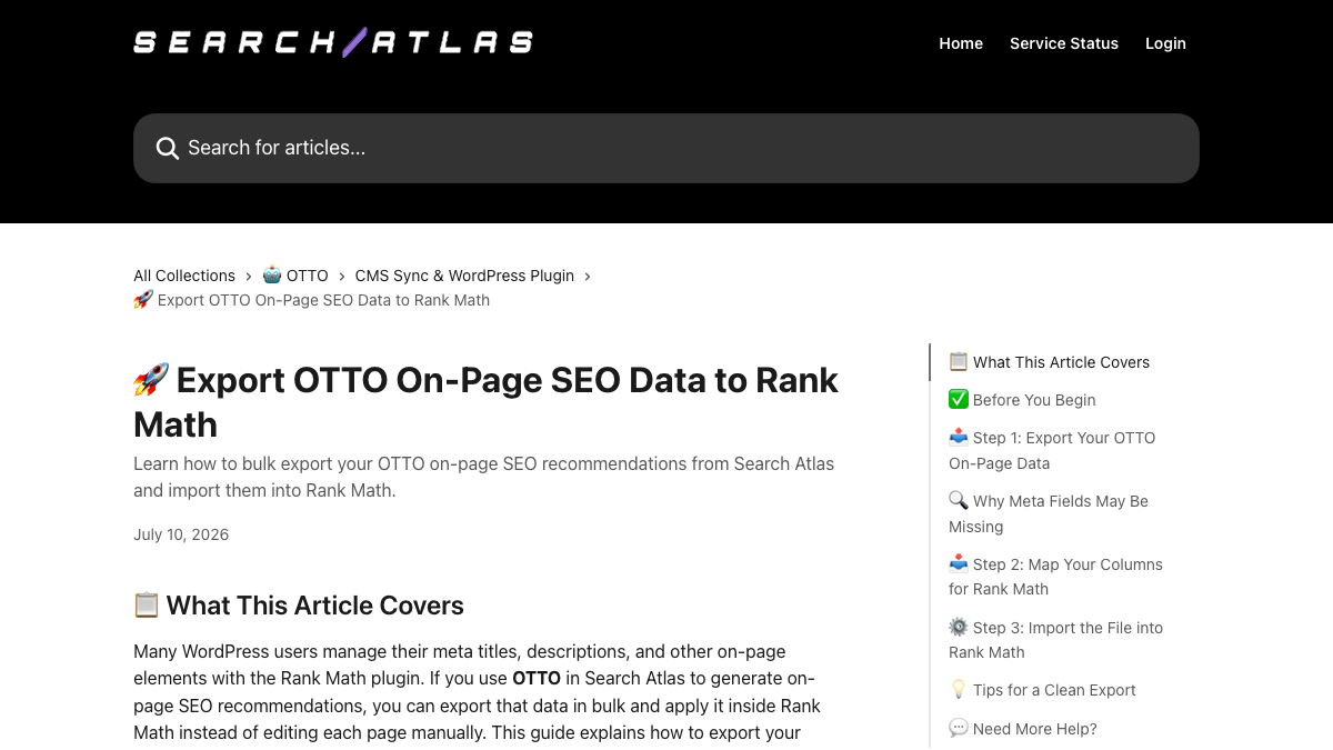 Search Atlas help center article explaining how to bulk export OTTO on-page SEO data as a CSV and import it into Rank Math