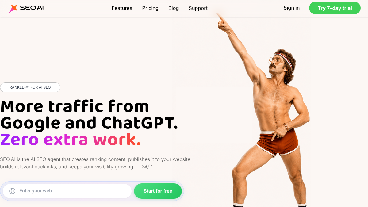 SEO.AI homepage headline promising more traffic from Google and ChatGPT with zero extra work, above a domain field and a Start for free button