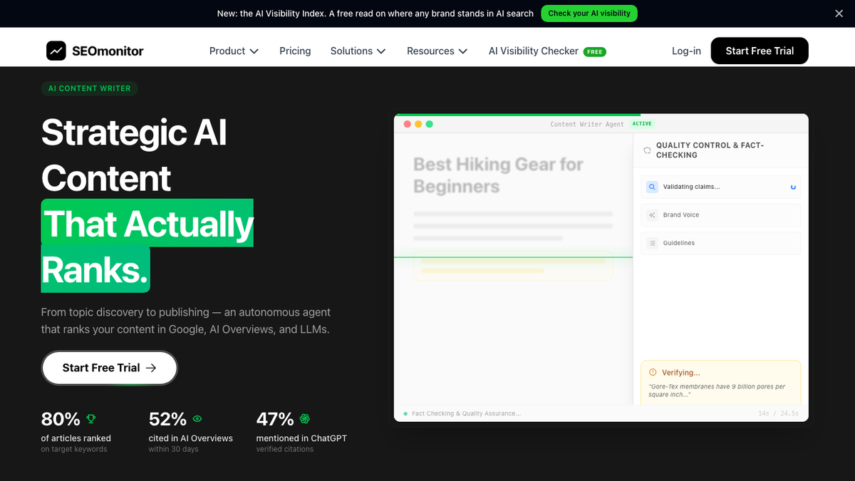 SEOmonitor AI Content Writer page showing an agent drafting an article with a quality control and fact-checking panel