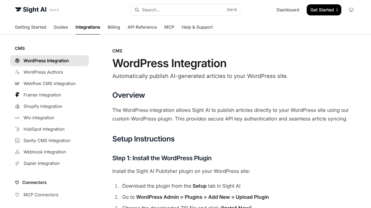 Sight AI docs page for the WordPress integration, listing WordPress, Webflow, Framer, Shopify, Wix, HubSpot and Sanity integrations in the sidebar