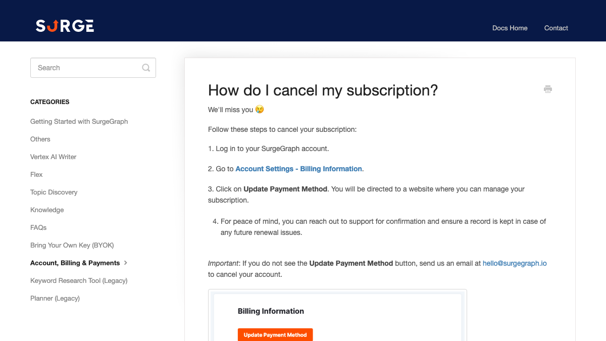 SurgeGraph help center article How do I cancel my subscription, listing Account Settings, Billing Information and the Update Payment Method button, with a note to email support if the button is missing