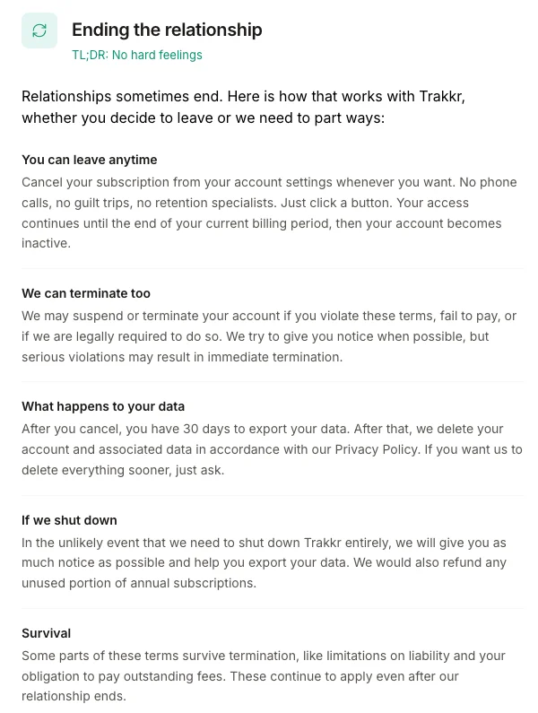 Trakkr terms section Ending the relationship, saying you can cancel from account settings, access continues to the end of the billing period, and you have 30 days after cancelling to export your data