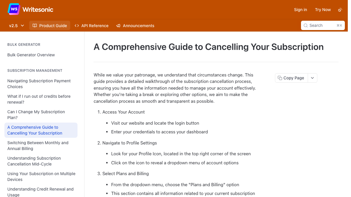 Writesonic docs page A Comprehensive Guide to Cancelling Your Subscription, with steps to open the profile icon and select Plans and Billing