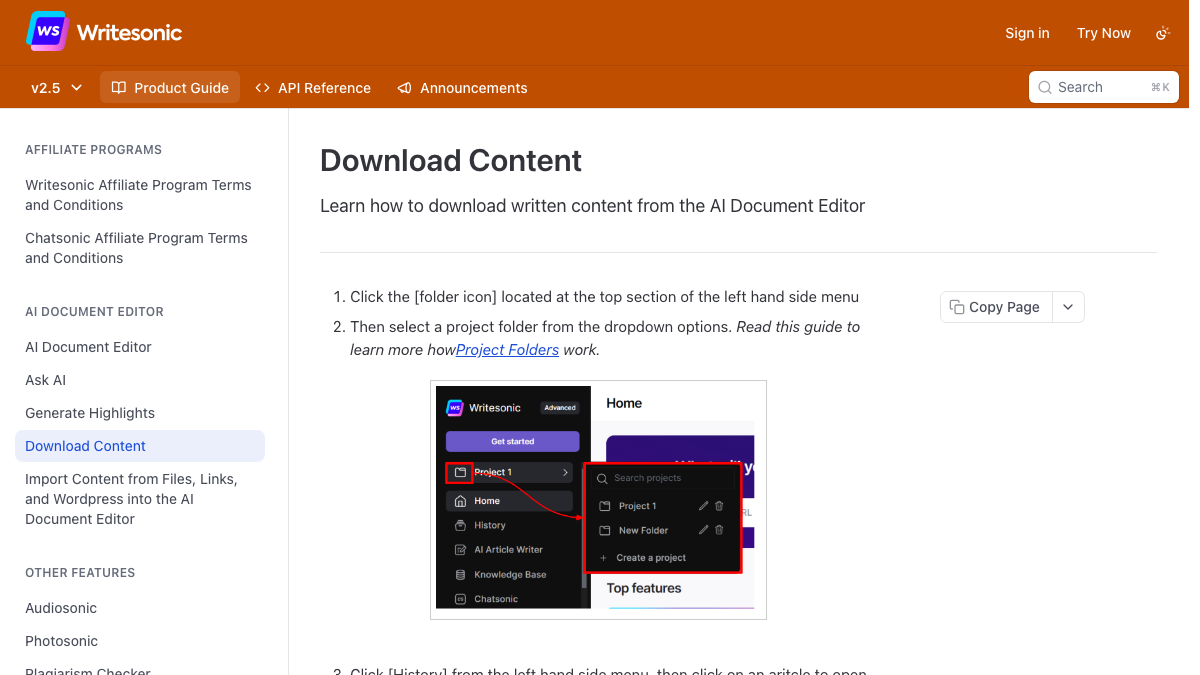 Writesonic docs page Download Content, showing how to open a project folder and download written content from the AI Document Editor