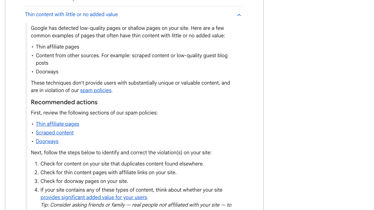Google Search Console Help, Manual actions report, section Thin content with little or no added value, listing thin affiliate pages, content from other sources such as scraped content or low-quality guest blog posts, and doorways as common examples