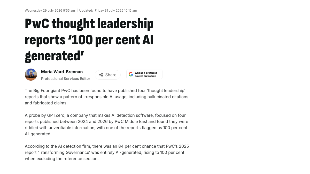 City AM article from July 29, 2026, headlined PwC thought leadership reports 100 per cent AI generated, reporting GPTZero's probe of four PwC Middle East reports
