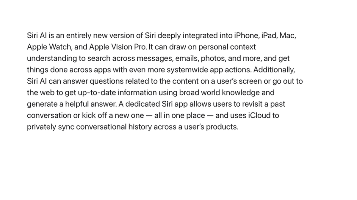 Apple newsroom text saying Siri AI can answer questions about the content on a user's screen or go out to the web to get up-to-date information and generate a helpful answer
