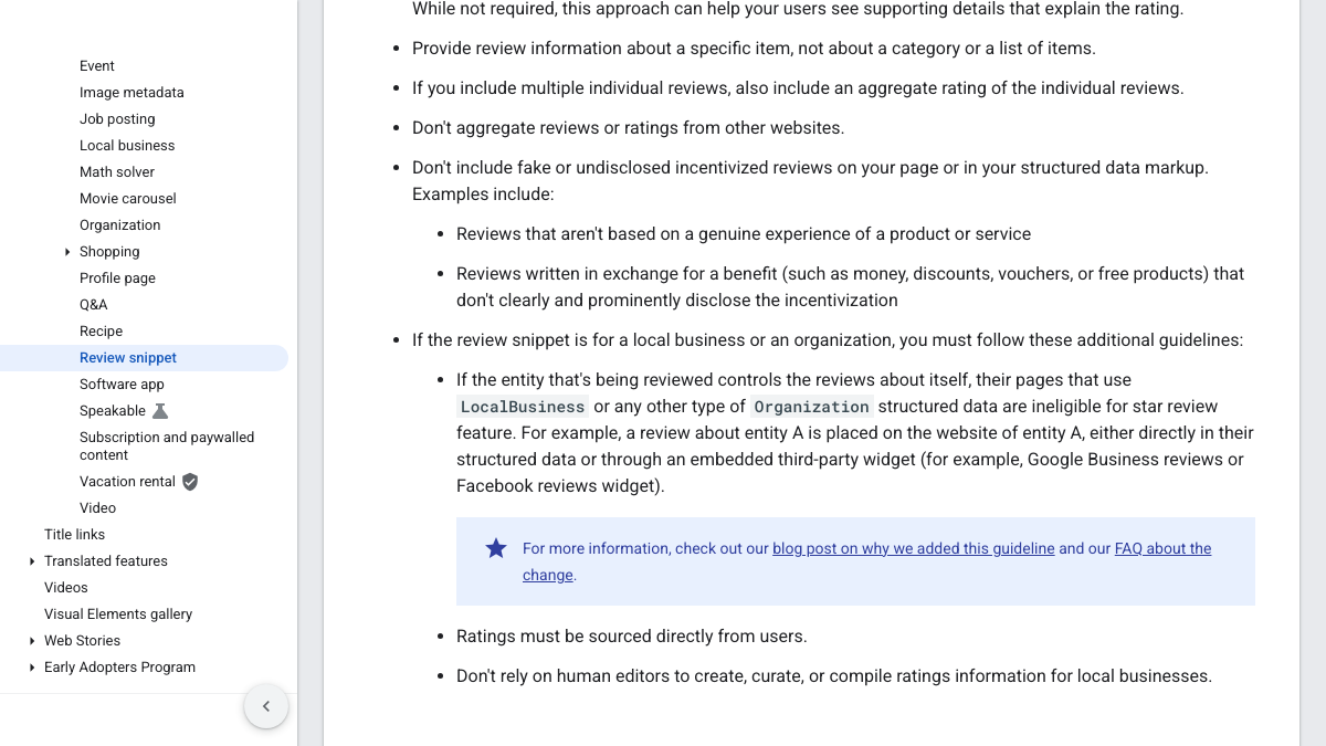 Google Search Central review snippet guidelines saying don't include fake or undisclosed incentivized reviews on your page or in your structured data markup, with examples including reviews written in exchange for money, discounts, vouchers or free products without clear disclosure