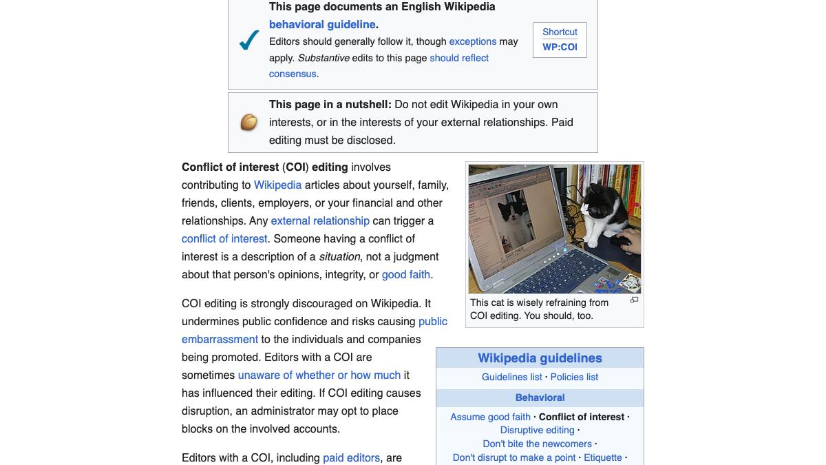 Wikipedia conflict of interest guideline with its nutshell summary: do not edit Wikipedia in your own interests, or in the interests of your external relationships, and paid editing must be disclosed