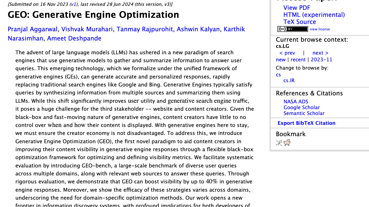 arXiv page for the paper GEO: Generative Engine Optimization, submitted on 16 November 2023, with an abstract introducing GEO and reporting that it can boost visibility by up to 40% in generative engine responses