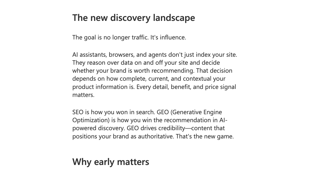 Microsoft Advertising blog post A Guide to GEO saying SEO is how you won in search and GEO, Generative Engine Optimization, is how you win the recommendation in AI-powered discovery